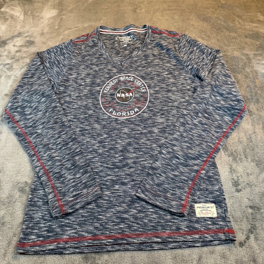Premium 51 NASA Kennedy Space Center Long Sleeve V-Neck Shirt Blue Adult Small
